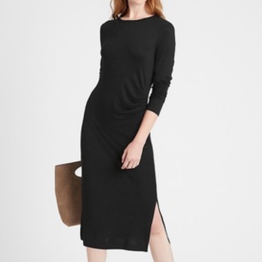Banana Republic Black Ruched Jersey-knit Dress midi crew neck